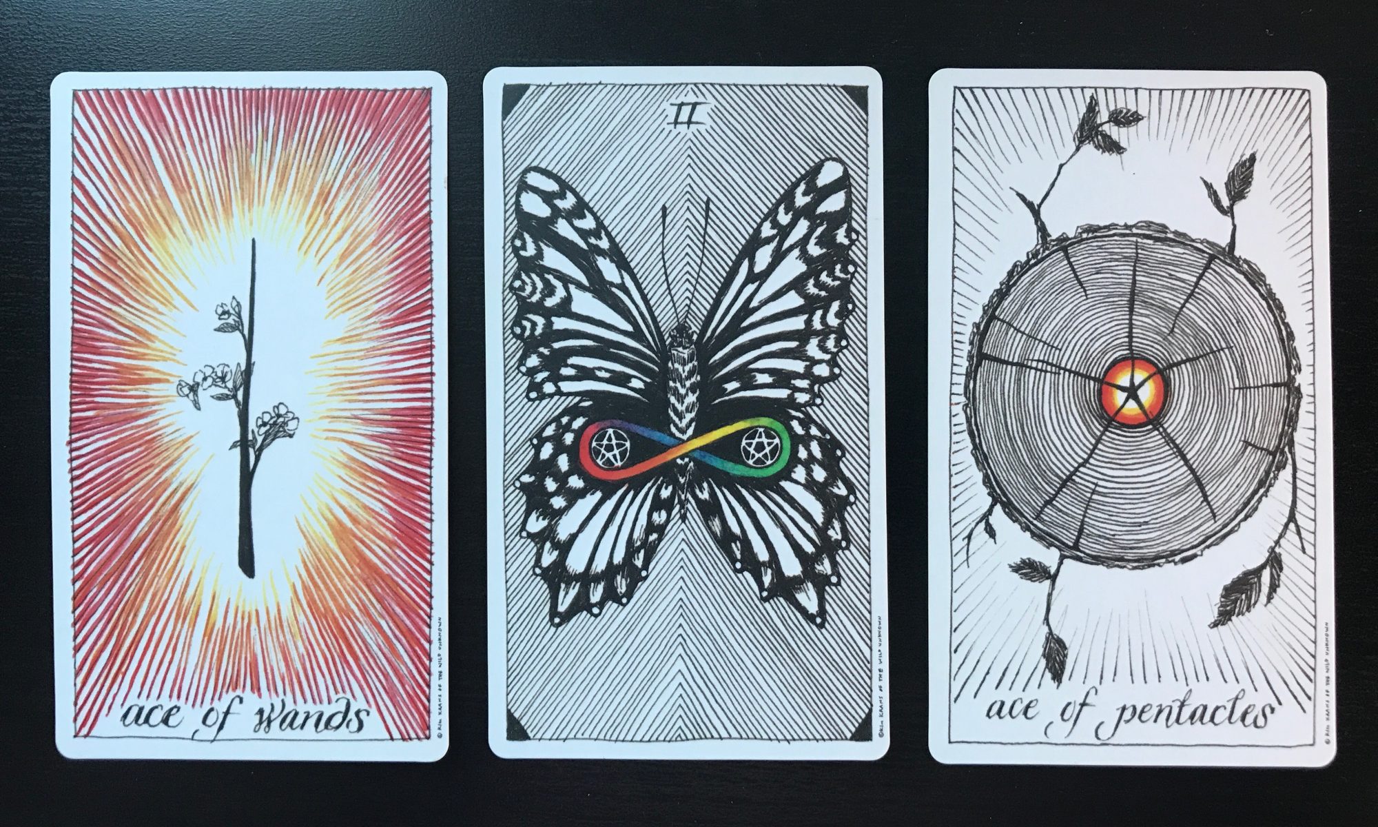 Ace of Wands, Two of Pentacles, Ace of Pentacles from the Wild Unknown tarot